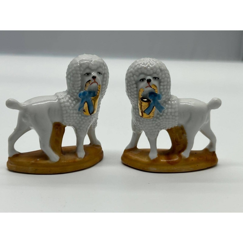 Vtg Pair of Porcelain‎ Staffordshire POODLES w/ Baskets Germany Miniature 2 1/2"